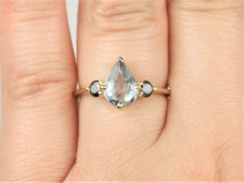 1.58ct Ready to Ship Petite Greta 14kt Gold Cornflower Blue Sapphire Black Diamond Pear Round 3 Stone Dainty Engagement Ring - Rosados Box
