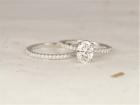 1.50ct Viviana 8x6mm 14kt Gold Moissanite Diamond Dainty Pave Oval Solitaire Bridal Set,Oval Scarf Halo Ring