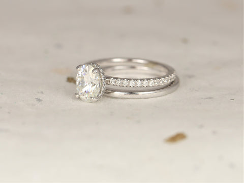 1.50ct Viviana 8x6mm & PLAIN Bd 14kt Solid Gold Forever One Moissanite Diamond Dainty Scarf Hidden Pave Halo Bridal Set