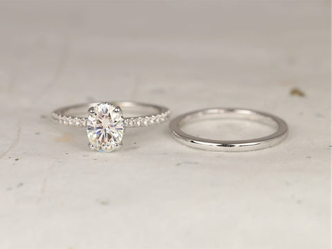 1.50ct Viviana 8x6mm & PLAIN Bd 14kt Solid Gold Forever One Moissanite Diamond Dainty Scarf Hidden Pave Halo Bridal Set