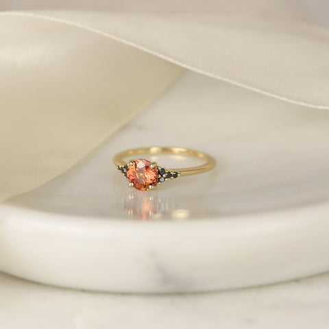 1.04ct Ready to Ship Malia 14kt Yellow Gold Flamed Tangerine Red Sapphire Black Diamonds Dainty Round Cluster Ring - Rosados Box