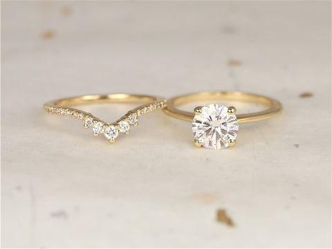 1.50ct Skinny Alberta 7.5mm & Aldis 14kt Moissanite Diamond Round Solitaire Bridal Set,Round Engagement Ring,Unique Ring,Anniversary Gift