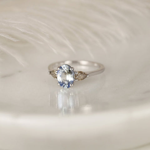 1.50ct Ready to Ship Emery 14kt White Gold Icy Cornflower Blue Sapphire Salt Pepper Diamond Pear 3 Stone Oval Ring - Rosados Box