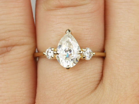 1.50ct Petite Greta 9x6mm 14kt Moissanite Round Three Stone Pear Ring - Rosados Box