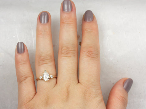 1.50ct Petite Greta 9x6mm 14kt Moissanite Round Three Stone Pear Ring - Rosados Box