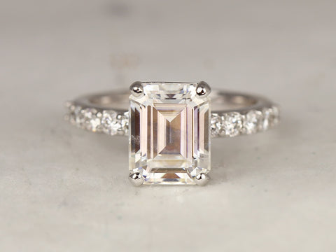 3.90ct Nadege 10x8mm 14kt White Gold Forever One Moissanite Diamonds Pave Emerald Solitaire Engagement Ring - Rosados Box