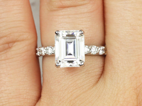 3.90ct Nadege 10x8mm 14kt White Gold Forever One Moissanite Diamonds Pave Emerald Solitaire Engagement Ring - Rosados Box