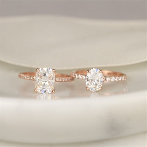 1.50ct Vera 8x6mm 14kt Rose Gold Moissanite Diamond Scarf Oval Halo Solitaire Ring - Rosados Box