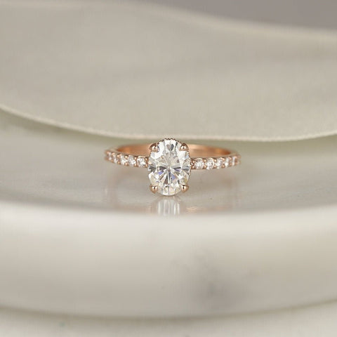 1.50ct Vera 8x6mm 14kt Rose Gold Moissanite Diamond Scarf Oval Halo Solitaire Ring - Rosados Box