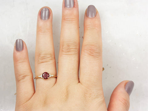 Malia 6mm 14kt Gold Red Ruby Diamond Art Deco Dainty 3 Stone Round Cluster Ring,July Birthstone,Anniversary Gift