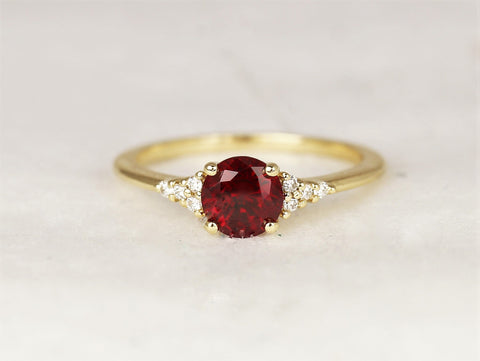 Malia 6mm 14kt Gold Red Ruby Diamond Art Deco Dainty 3 Stone Round Cluster Ring,July Birthstone,Anniversary Gift