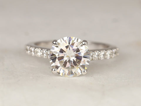 2.70ct Tracy 9mm 14kt White Gold Forever One Moissanite Diamond Minimalist Pave Solitaire Cathedral Round Engagement Ring - Rosados Box