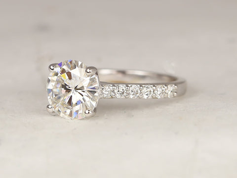 2.70ct Tracy 9mm 14kt White Gold Forever One Moissanite Diamond Minimalist Pave Solitaire Cathedral Round Engagement Ring - Rosados Box