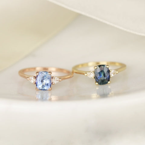 1.67ct Ready to Ship Petite Ellis 14kt Rose Gold Cornflower Blue Sapphire Diamond Elongated Cushion 3 Stone Ring - Rosados Box