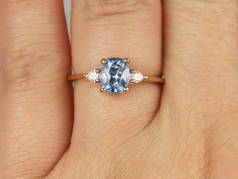 1.67ct Ready to Ship Petite Ellis 14kt Rose Gold Cornflower Blue Sapphire Diamond Elongated Cushion 3 Stone Ring - Rosados Box