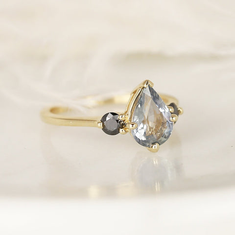 1.58ct Ready to Ship Petite Greta 14kt Gold Cornflower Blue Sapphire Black Diamond Pear Round 3 Stone Dainty Engagement Ring - Rosados Box