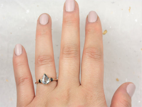 1.58ct Ready to Ship Petite Greta 14kt Gold Cornflower Blue Sapphire Black Diamond Pear Round 3 Stone Dainty Engagement Ring - Rosados Box