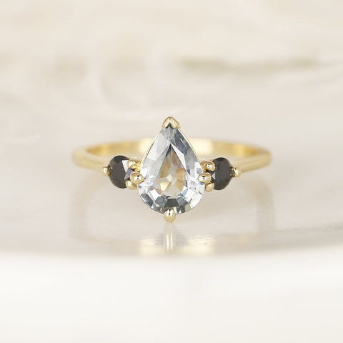 1.58ct Ready to Ship Petite Greta 14kt Gold Cornflower Blue Sapphire Black Diamond Pear Round 3 Stone Dainty Engagement Ring - Rosados Box