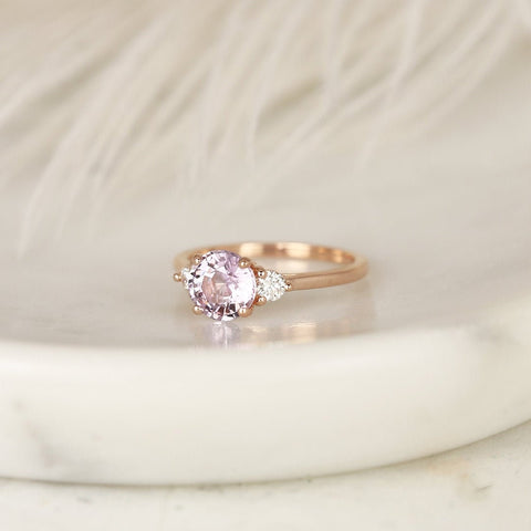 1.59ct Ready to Ship Colette 14kt Rose Gold Blush Peach Sapphire Diamond Minimalist 3 Stone Round Engagement Ring - Rosados Box