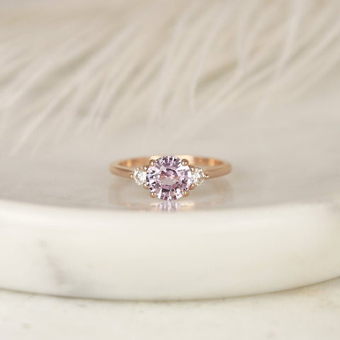 1.59ct Ready to Ship Colette 14kt Rose Gold Blush Peach Sapphire Diamond Minimalist 3 Stone Round Engagement Ring - Rosados Box