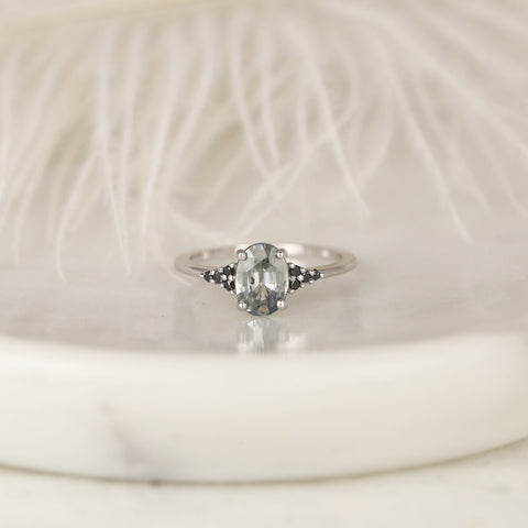 1.33ct Ready to Ship Maddy 14kt White Gold Cashmere Grey Sapphire Black Diamond Dainty Oval Cluster 3 Stone Ring - Rosados Box