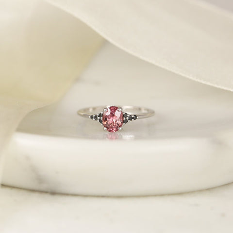 0.96ct Ready to Ship Maddy 14kt White Gold Padparadscha Raspberry Red Sapphire Black Diamond Cluster Ring - Rosados Box