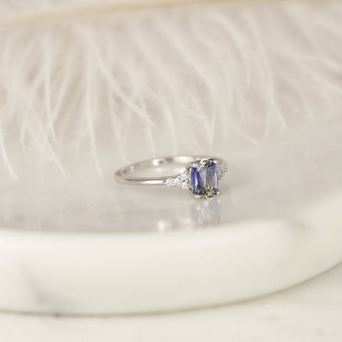 1.19ct Ready to Ship Marlow 14kt White Gold Cornflower Lavender Sapphire Diamond Dainty Elongated Cushion Cluster Ring - Rosados Box