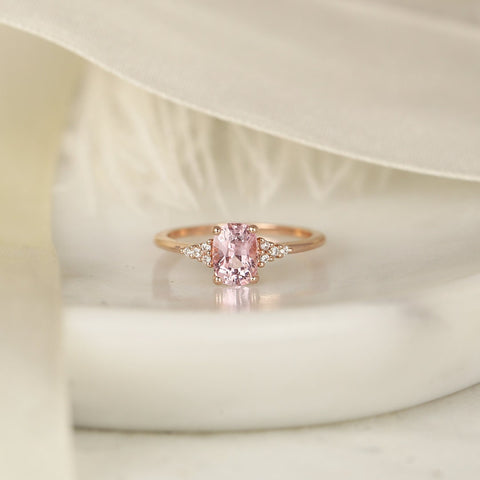 1.35ct Ready to Ship Marlow 14kt Rose Gold Blush Peach Sapphire Diamond Elongated Cushion 3 Stone Cluster Ring - Rosados Box