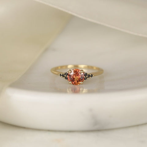 1.04ct Ready to Ship Malia 14kt Yellow Gold Flamed Tangerine Red Sapphire Black Diamonds Dainty Round Cluster Ring - Rosados Box