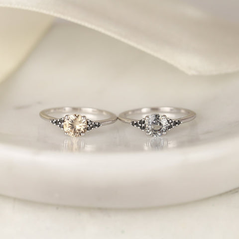 1.14ct Ready to Ship Malia 14kt White Gold Champagne Zircon Black Diamonds Dainty Round Cluster Ring - Rosados Box