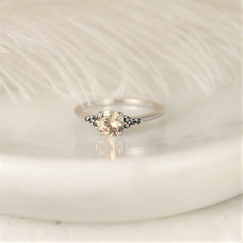 1.14ct Ready to Ship Malia 14kt White Gold Champagne Zircon Black Diamonds Dainty Round Cluster Ring - Rosados Box