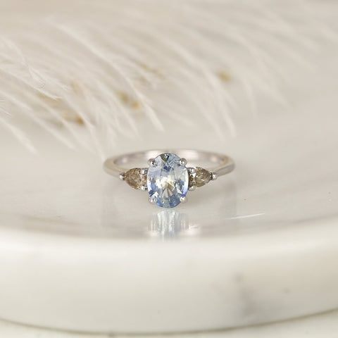 1.50ct Ready to Ship Emery 14kt White Gold Icy Cornflower Blue Sapphire Salt Pepper Diamond Pear 3 Stone Oval Ring - Rosados Box