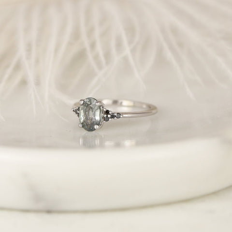 1.33ct Ready to Ship Maddy 14kt White Gold Cashmere Grey Sapphire Black Diamond Dainty Oval Cluster 3 Stone Ring - Rosados Box