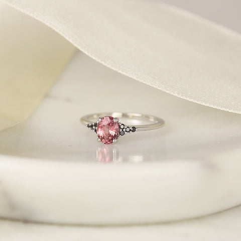0.96ct Ready to Ship Maddy 14kt White Gold Padparadscha Raspberry Red Sapphire Black Diamond Cluster Ring - Rosados Box