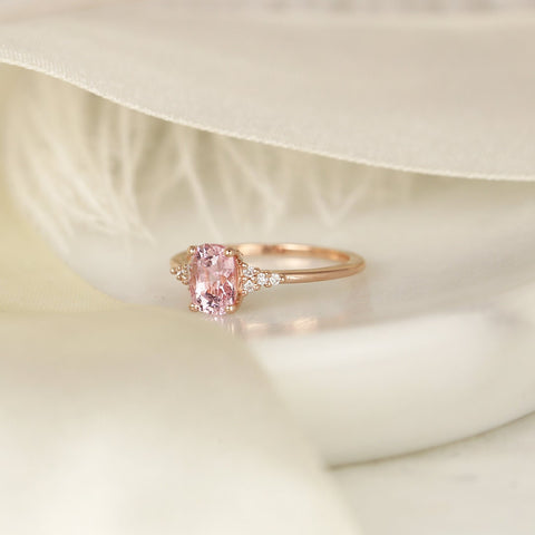 1.35ct Ready to Ship Marlow 14kt Rose Gold Blush Peach Sapphire Diamond Elongated Cushion 3 Stone Cluster Ring - Rosados Box