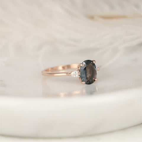 1.58cts Ready to Ship Petite Emery 14kt Rose Gold Ocean Blue Teal Sapphire Diamond Pear Three Stone Oval Ring - Rosados Box