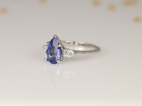 2cts Ready to Ship Essie 14kt White Gold Cornflower Lavender Sapphire Diamond Minimalist 3 Stone Dainty Pear Engagement Ring - Rosados Box