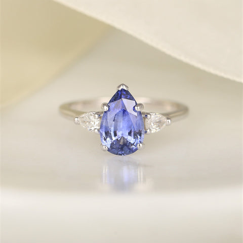 2cts Ready to Ship Essie 14kt White Gold Cornflower Lavender Sapphire Diamond Minimalist 3 Stone Dainty Pear Engagement Ring - Rosados Box