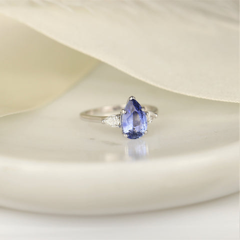 2cts Ready to Ship Essie 14kt White Gold Cornflower Lavender Sapphire Diamond Minimalist 3 Stone Dainty Pear Engagement Ring - Rosados Box