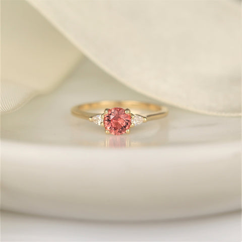0.88ct Ready to Ship Petite Elise 14kt Gold Gumdrop Sorbet Peach Sapphire Diamond Minimalist 3 Stone Round Engagement Ring - Rosados Box