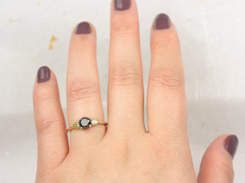 1.06ct Ready to Ship Elise 14kt Gold Black Diamond Unique Three Stone Ring - Rosados Box