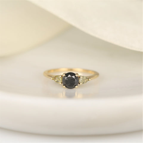1.06ct Ready to Ship Elise 14kt Gold Black Diamond Unique Three Stone Ring - Rosados Box