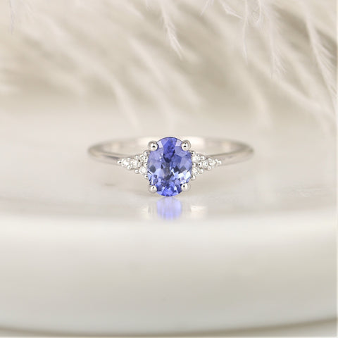 1.04ct Ready to Ship Maddy 14kt White Gold Rich Cornflower Lavender Sapphire Diamond Dainty Oval Cluster Ring - Rosados Box