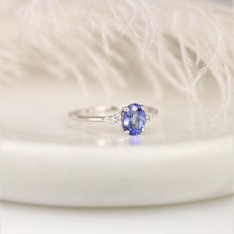 1.04ct Ready to Ship Maddy 14kt White Gold Rich Cornflower Lavender Sapphire Diamond Dainty Oval Cluster Ring - Rosados Box