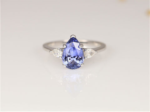 2cts Ready to Ship Essie 14kt White Gold Cornflower Lavender Sapphire Diamond Minimalist 3 Stone Dainty Pear Engagement Ring - Rosados Box