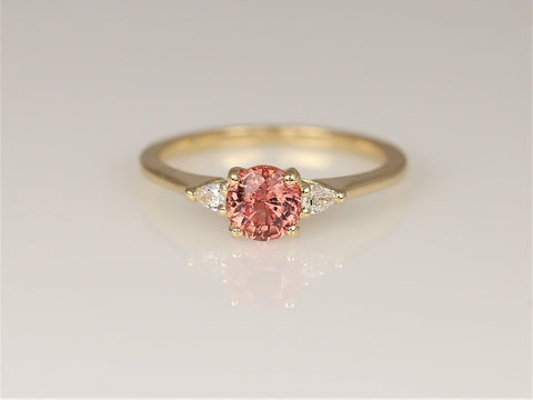 0.88ct Ready to Ship Petite Elise 14kt Gold Gumdrop Sorbet Peach Sapphire Diamond Minimalist 3 Stone Round Engagement Ring - Rosados Box