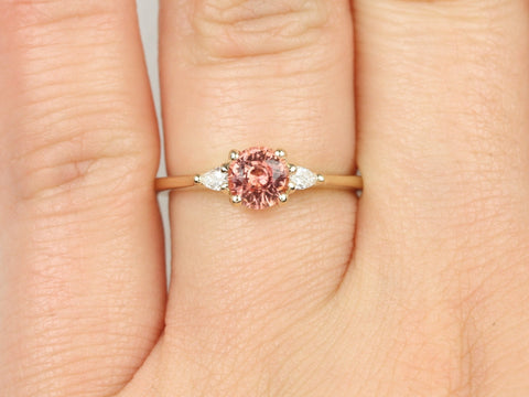 0.88ct Ready to Ship Petite Elise 14kt Gold Gumdrop Sorbet Peach Sapphire Diamond Minimalist 3 Stone Round Engagement Ring - Rosados Box