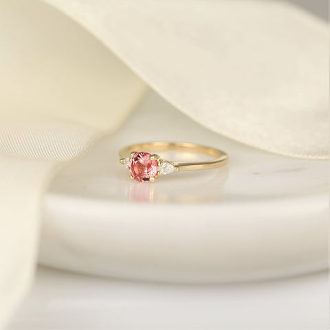 0.88ct Ready to Ship Petite Elise 14kt Gold Gumdrop Sorbet Peach Sapphire Diamond Minimalist 3 Stone Round Engagement Ring - Rosados Box