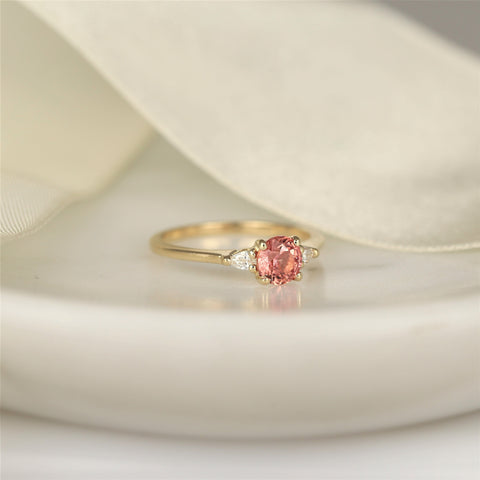 0.88ct Ready to Ship Petite Elise 14kt Gold Gumdrop Sorbet Peach Sapphire Diamond Minimalist 3 Stone Round Engagement Ring - Rosados Box