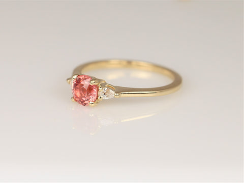 0.88ct Ready to Ship Petite Elise 14kt Gold Gumdrop Sorbet Peach Sapphire Diamond Minimalist 3 Stone Round Engagement Ring - Rosados Box
